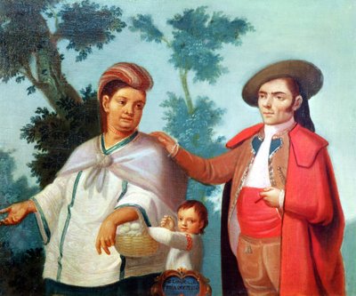 A Spaniard and His Mexican Indian Wife, Illustration of Mixed Race Marriages in Mexico by Mexican School